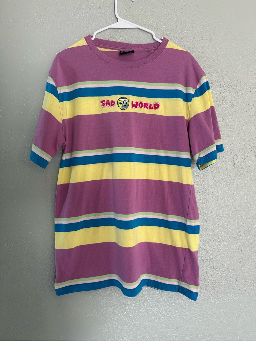 Sad World woman’s Striped Tee in Purple & Yellow